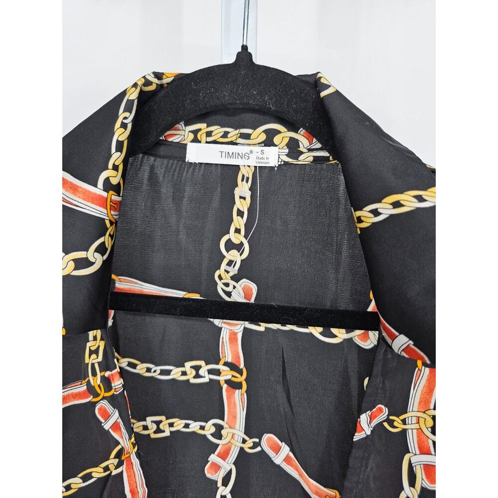 Timing Womens Sz S long-sleeve blouse black and gold chain print and a tie-front - Picture 3 of 4